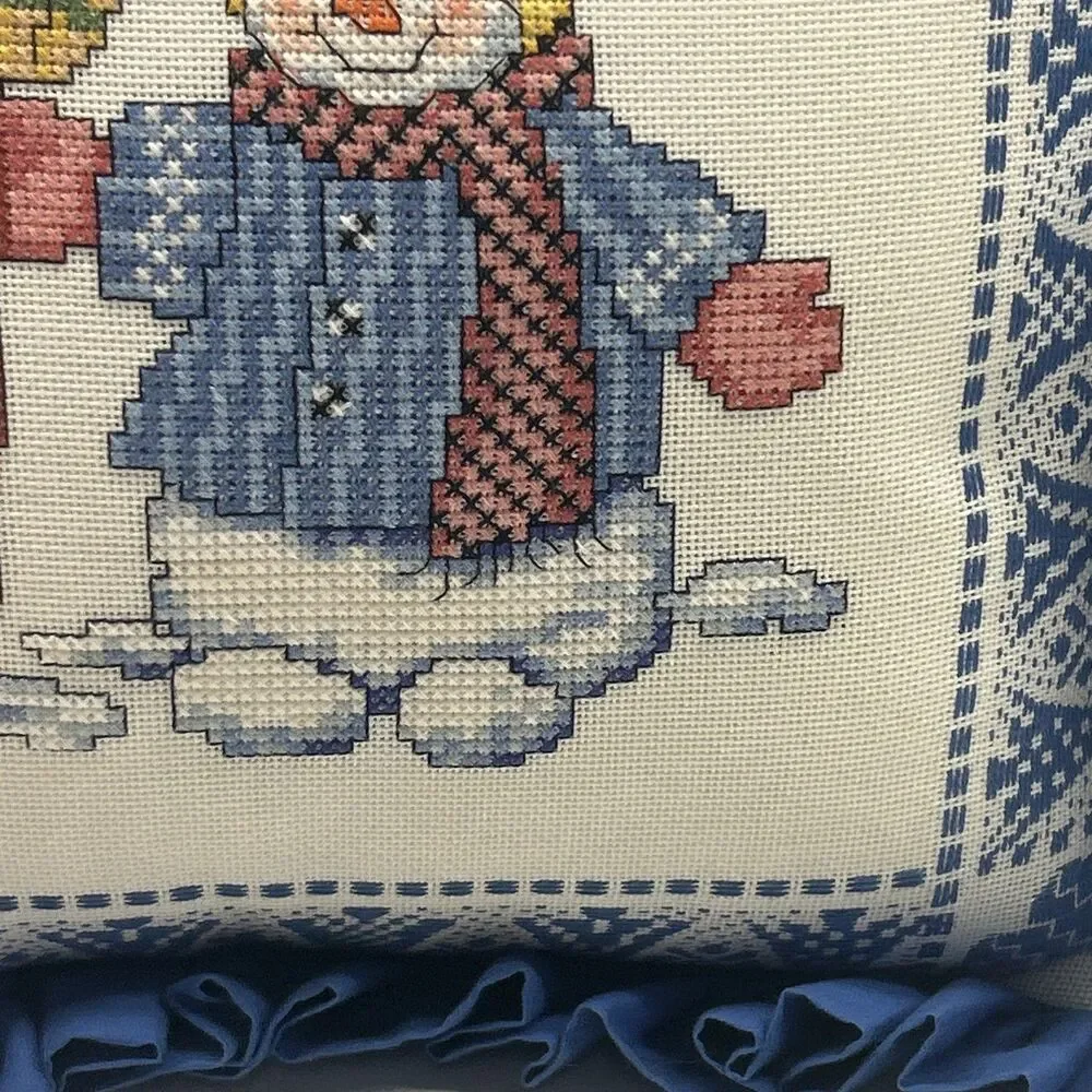 Vintage Handmade Snowman‎ With Broomstick Cross Stitch Throw Pillow EUC